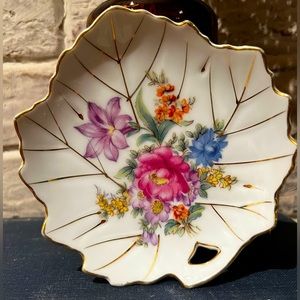 Vintage Japan porcelain trinket dish hand painted floral design w/gold trim